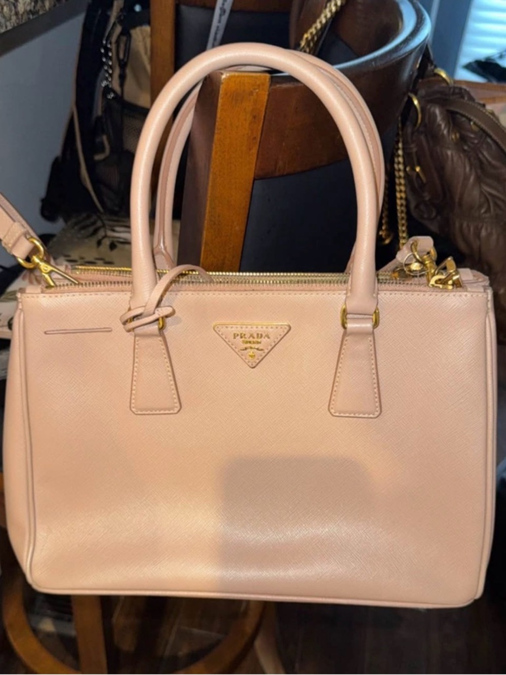 Prada Pink Saffiano Leather Satchel with Gold Hardware